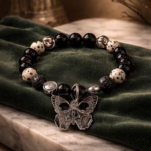 Witchy Goth Black Beads & Dalmation Stones Skull Yin Yang Butterfly Bracelet
